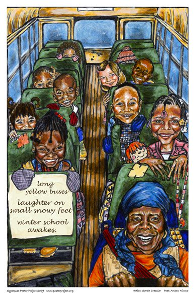 Smiling children and a driver sit in a school bus