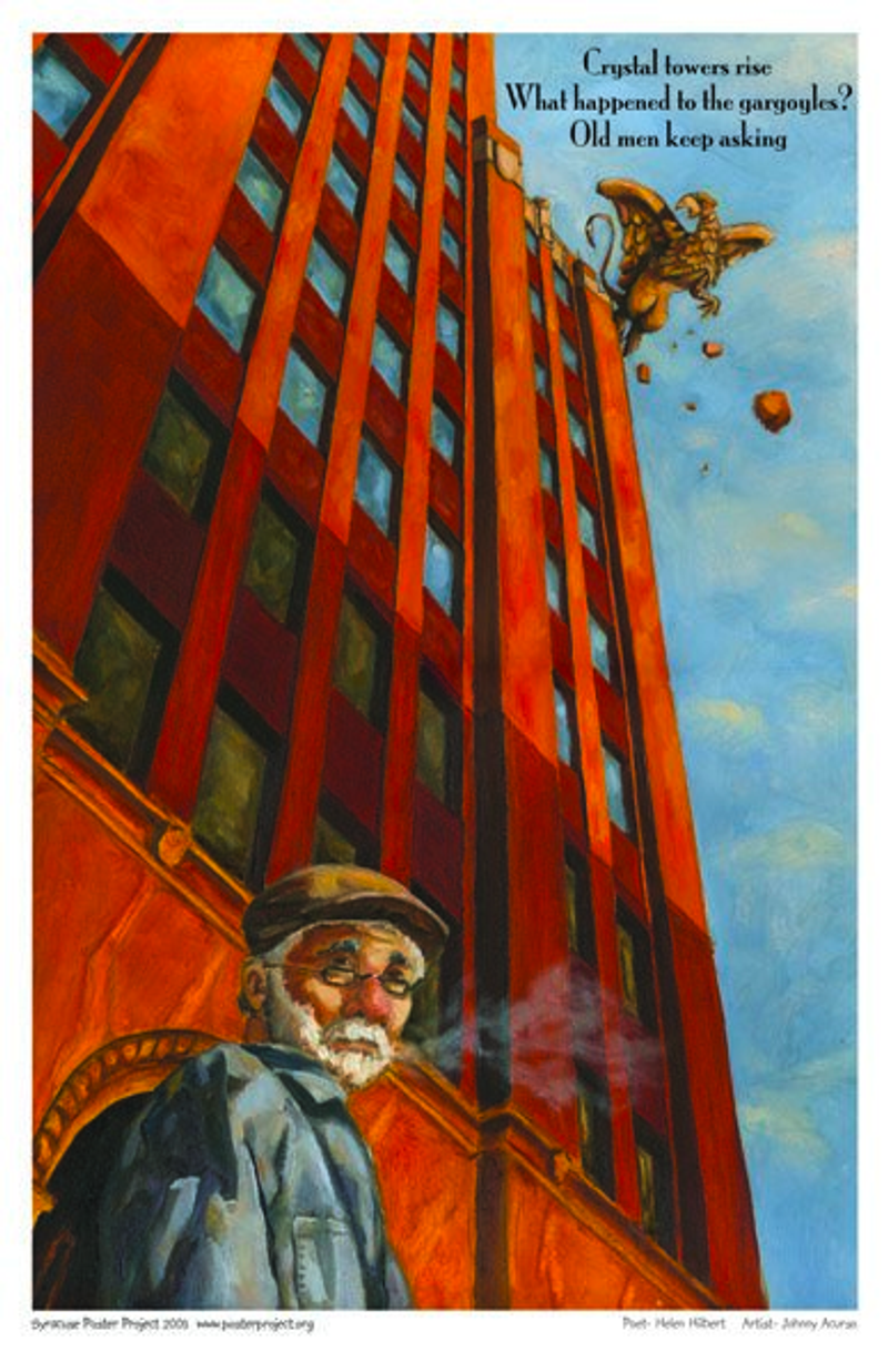 An elderly man stands in front of a tall city building with a gargoyle statue taking flight from off the roof 