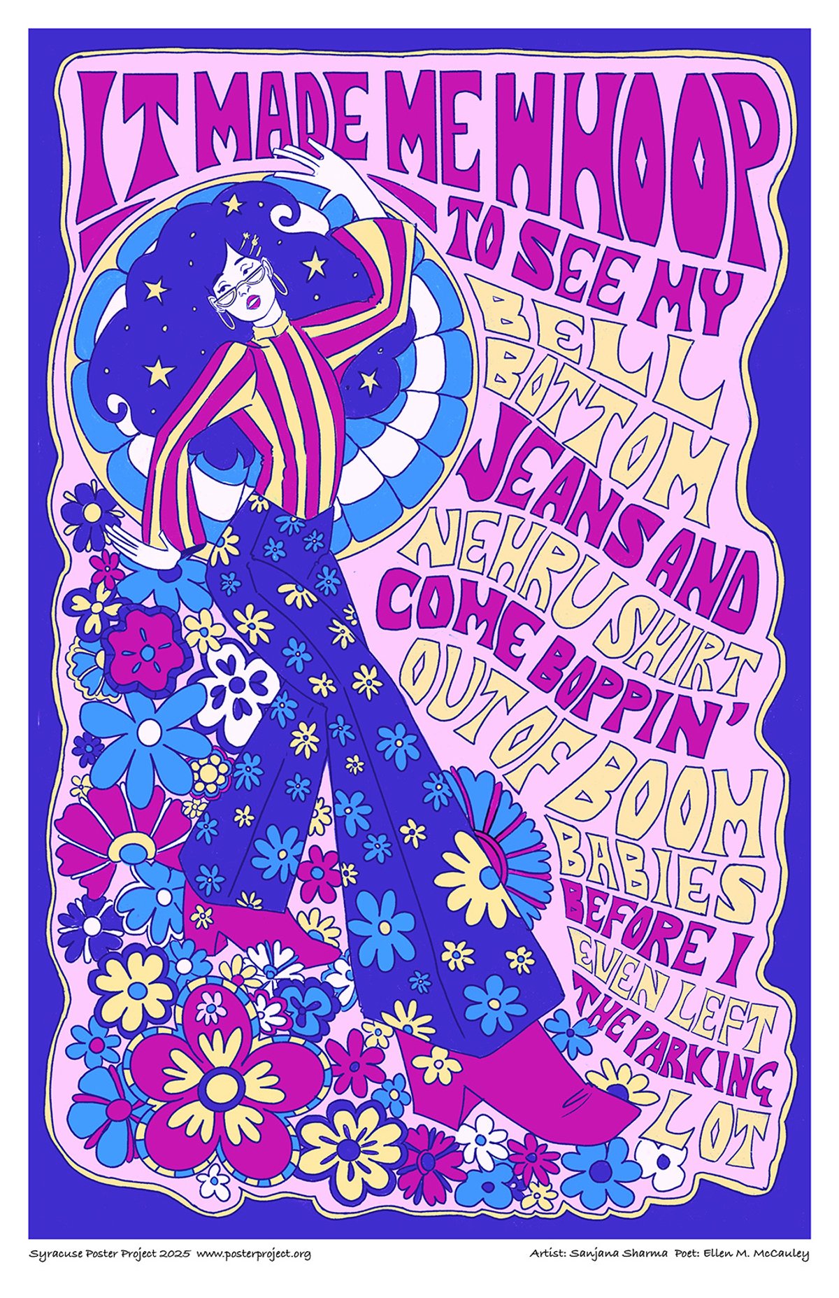A woman with purple hair, red and yellow striped shirt, and flowered bell bottoms stepping amid a burst of flowers