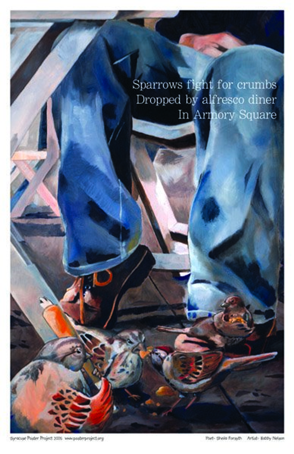 Sparrows fight for crumbs
Dropped by alfresco diner
In Armory Square Four sparrows eat food scraps under a table beside a person's feet