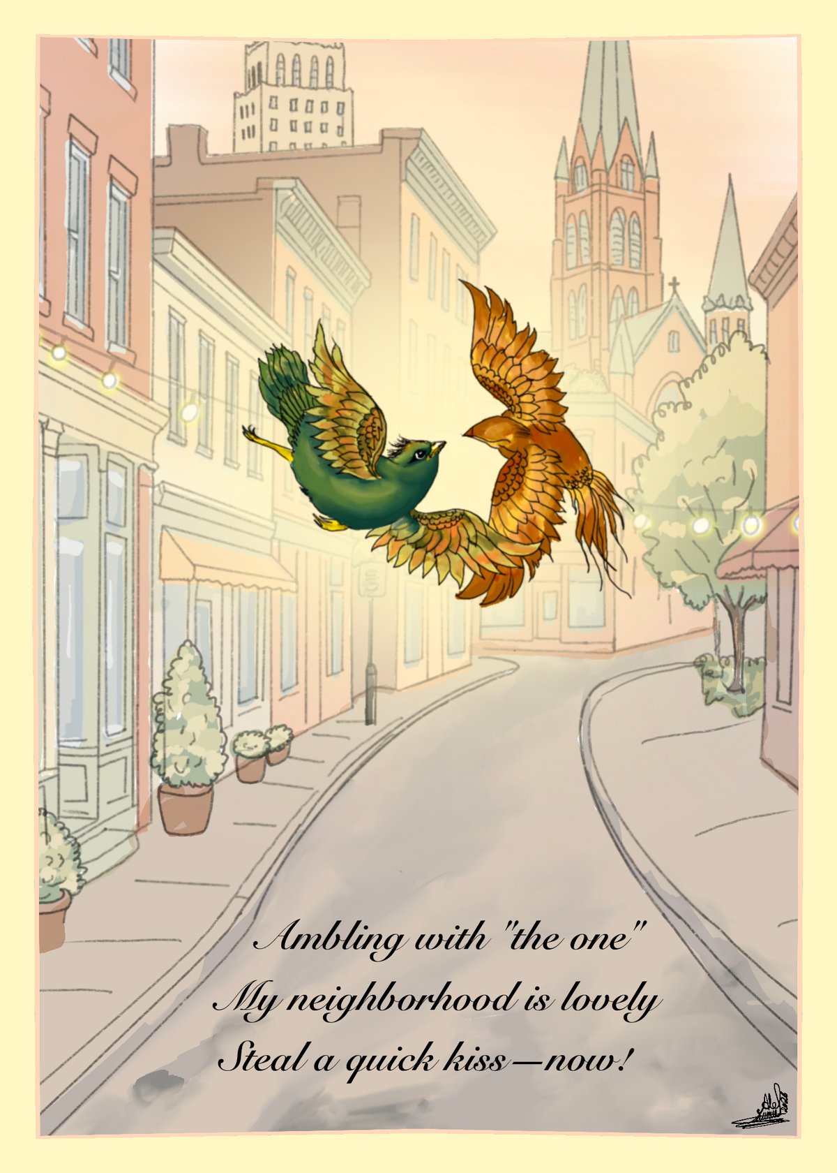 Two birds embracing over a street scene