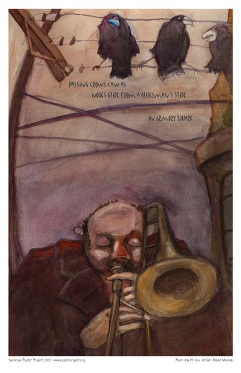 Three crows sit on a telephone wire above a man playing trombone