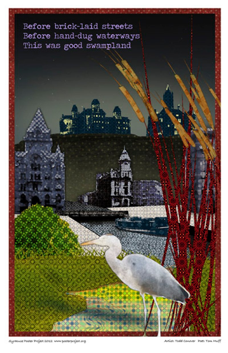 A swampland scene with wetland grass reeds and a heron in the foreground in with a distant city behind