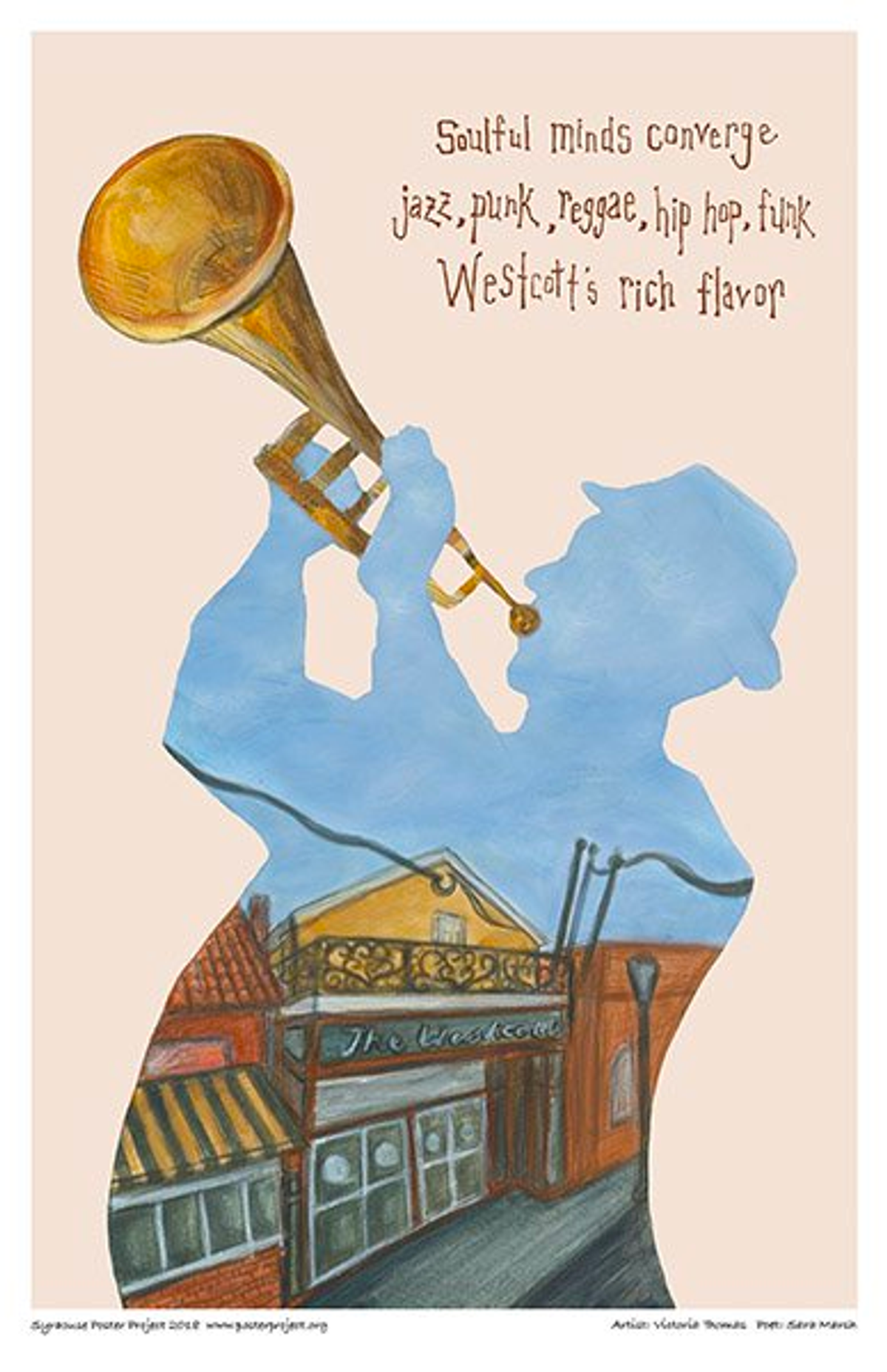 Soulful minds converge,
jazz, punk, reggae, hip hop, funk.
Westcott's rich flavor The Westcott Theatre of Syracuse, NY is depicted in the silhouette of a saxophone player