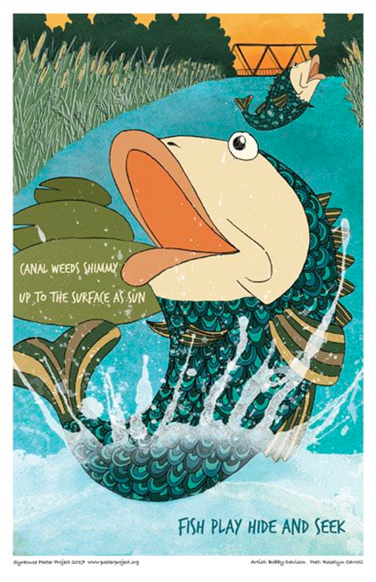 Canal weeds shimmy
up to the surface as sun
fish play hide and seek Two sunfish jump out of the water in a canal