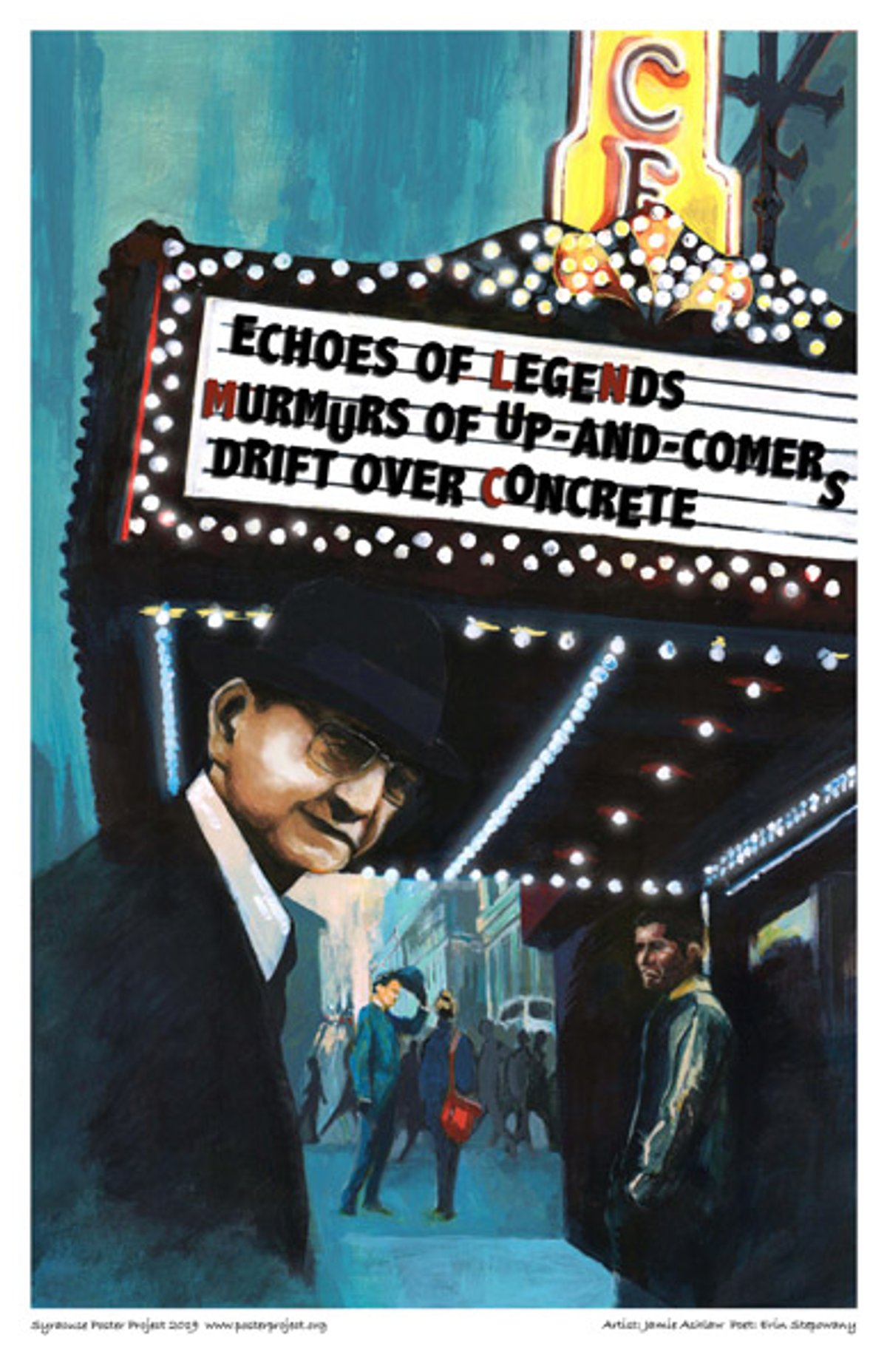 The marquee sign of Landmark Theatre in Syracuse, NY is depicted along with several historical Syracusans who had connections to the entertainment industry
