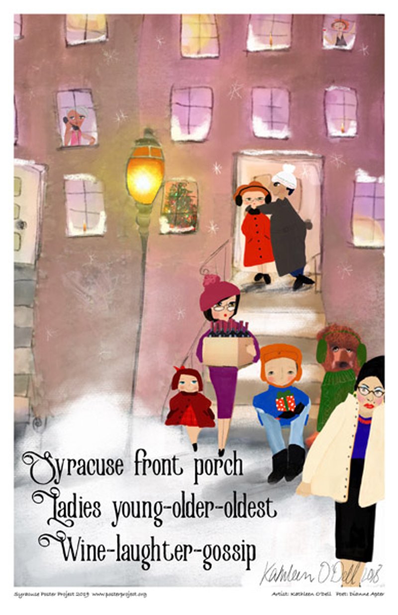 Women of varying ages congregate on the steps to a building in wintertime