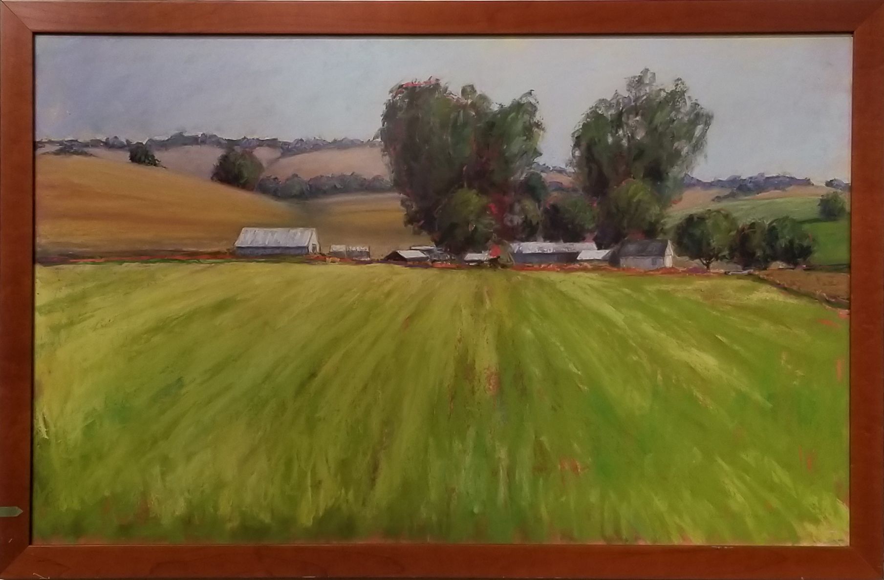 Pastel painting of foreground fields leading to farm buildings and trees in distance.