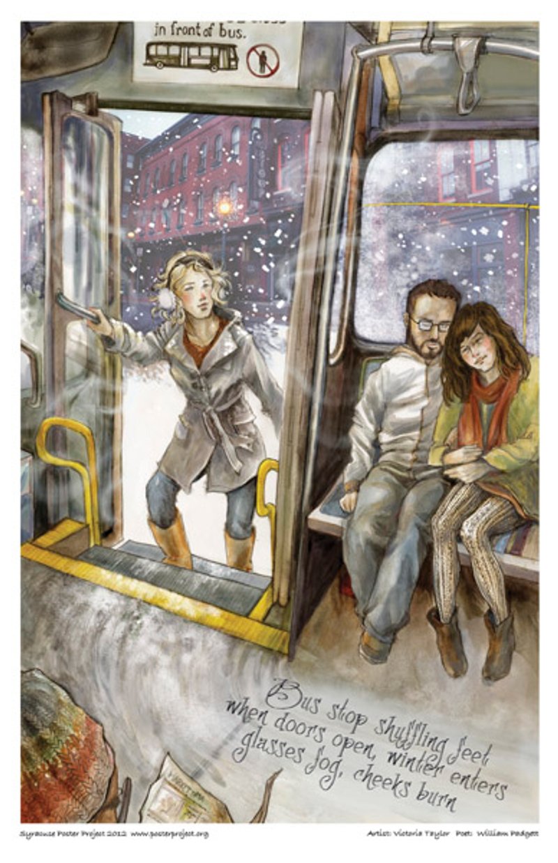 A woman steps onto a bus with blustery winter weather behind her