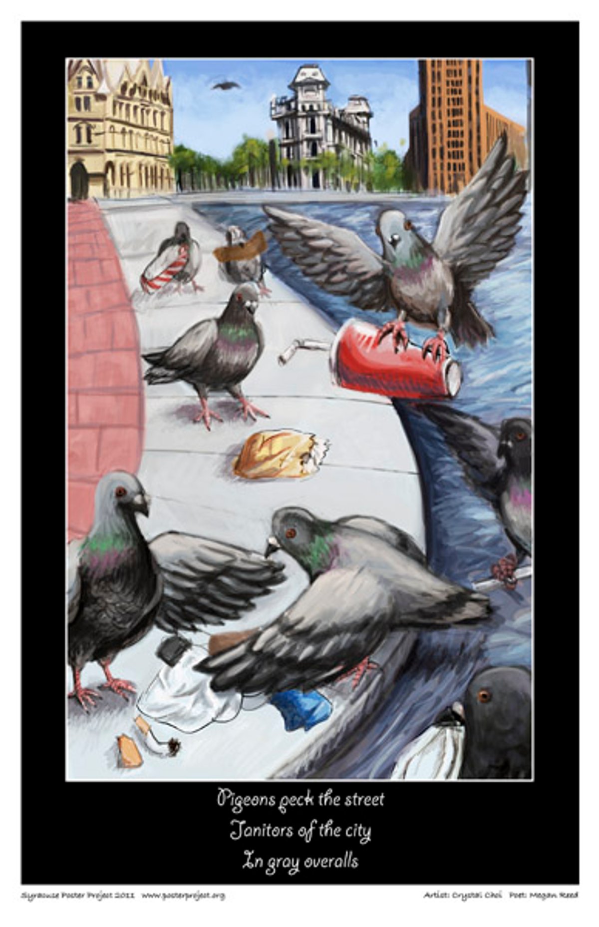 Pigeons peck the street
Janitors of the city
In gray overalls Pigeons pick through littered trash at a city park