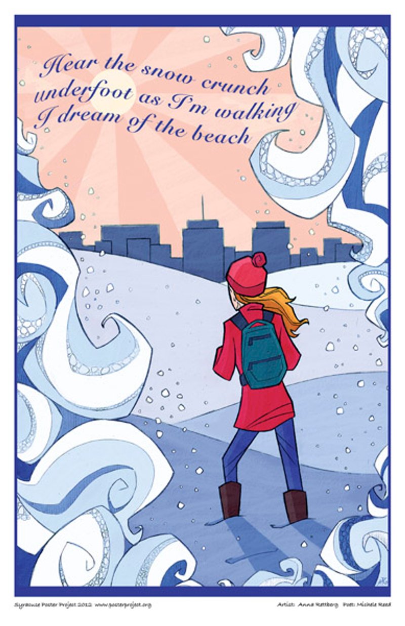 A woman with a backpack walks through the snow toward a distant city skyline