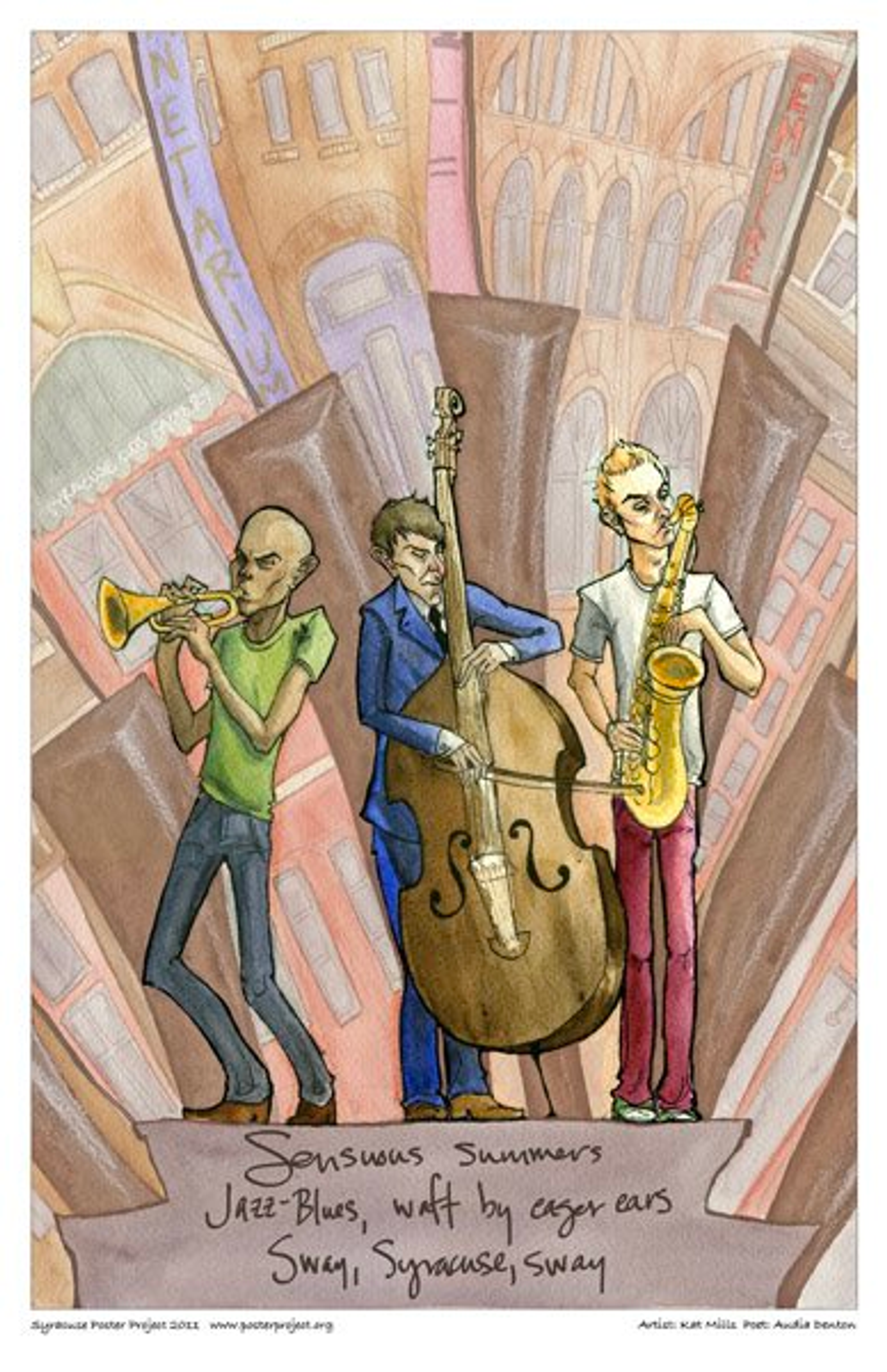 A jazz trio with double bass, trumpet and saxophone play music surrounded by city buildings
