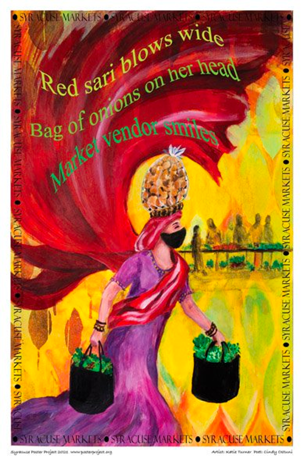Woman in red sari walk with a baskets of vegetables in her hands and on her head
