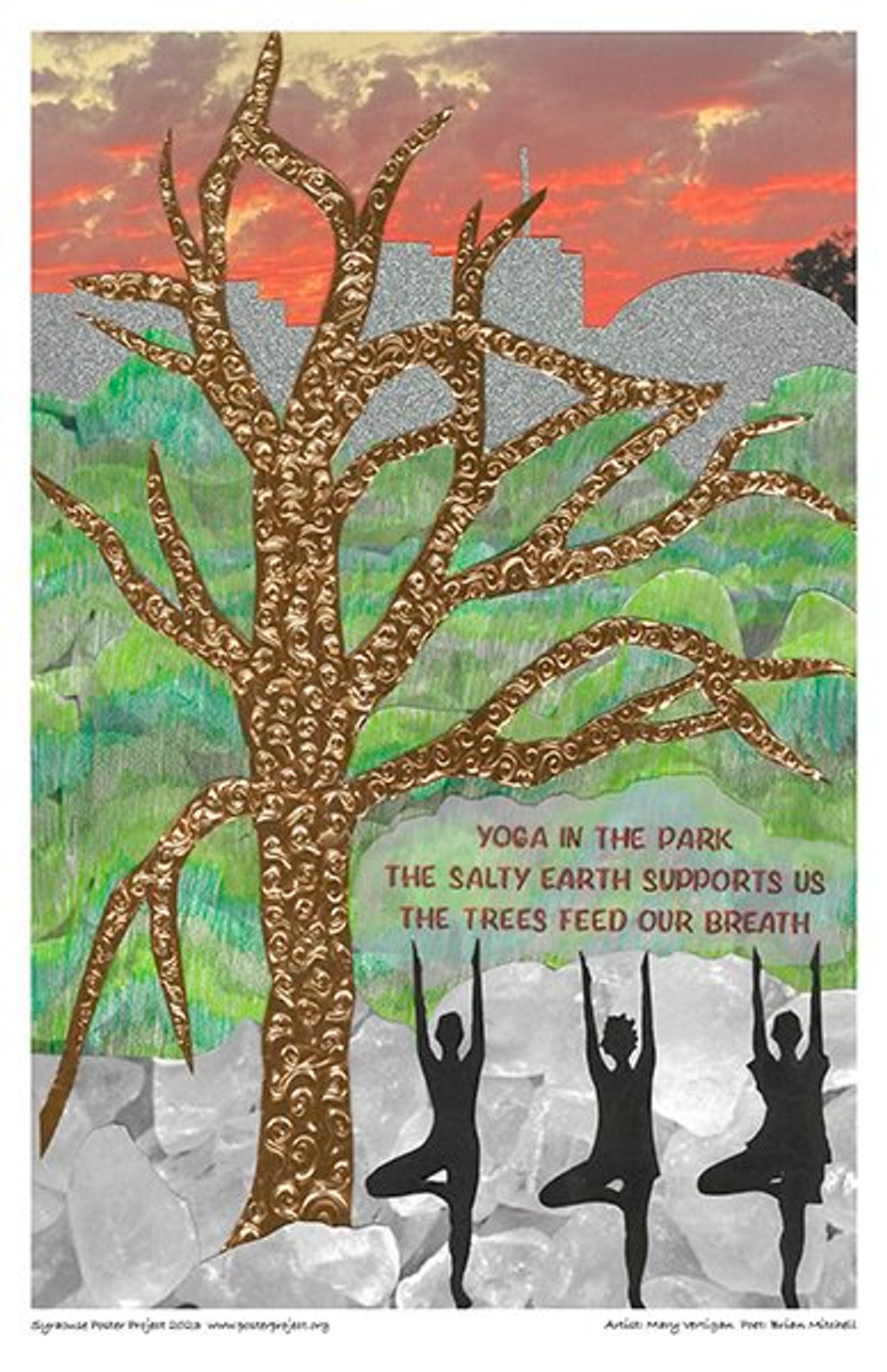 Three silhouettes practicing yoga beneath a tree