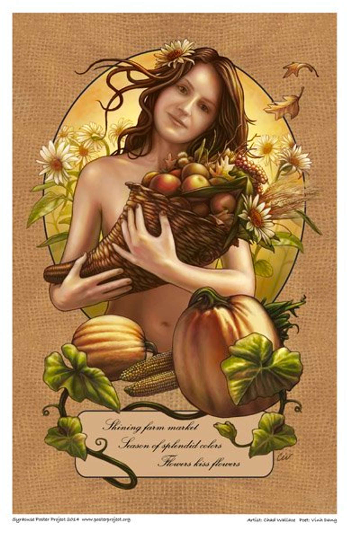 Shining farm market
Season of splendid colors
Flowers kiss flowers A woman holds a cornucopia filled with autumn fruits and vegetables