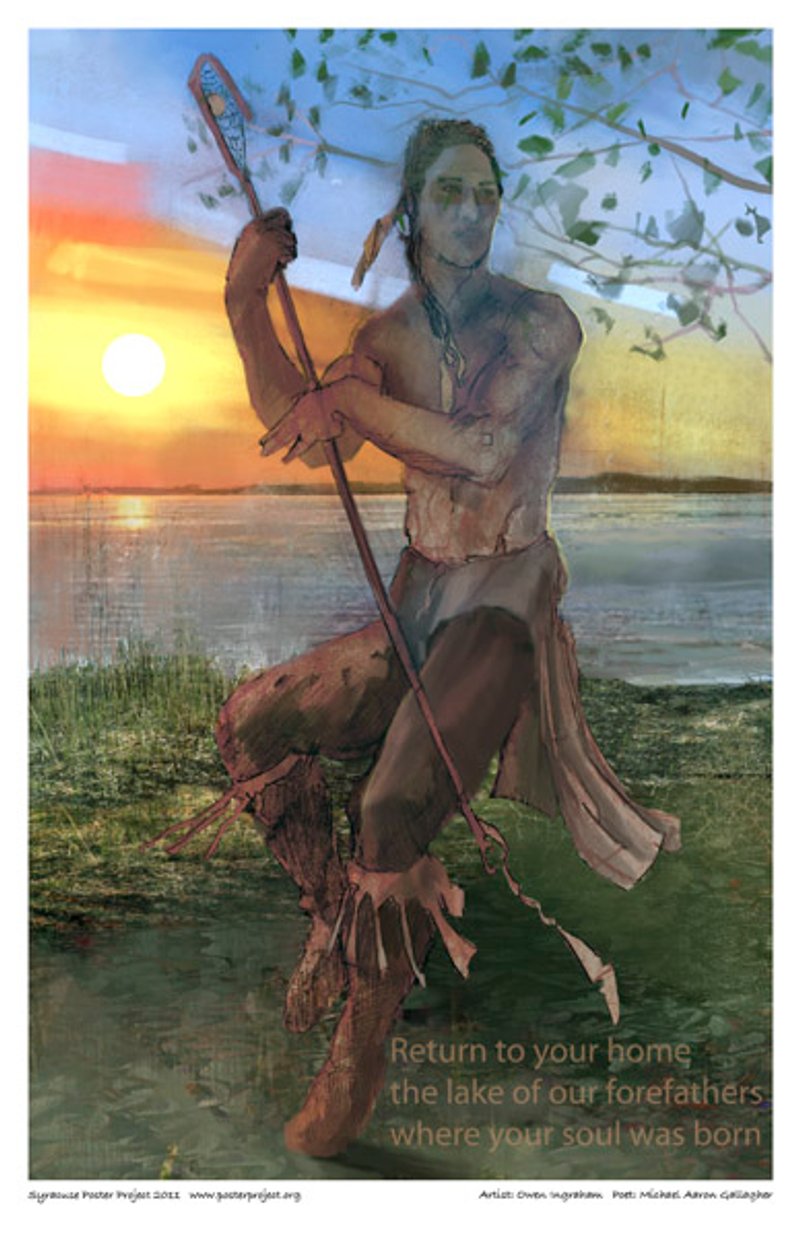 A Haudenosaunee man with a lacrosse stick beside a calm lake at sunset