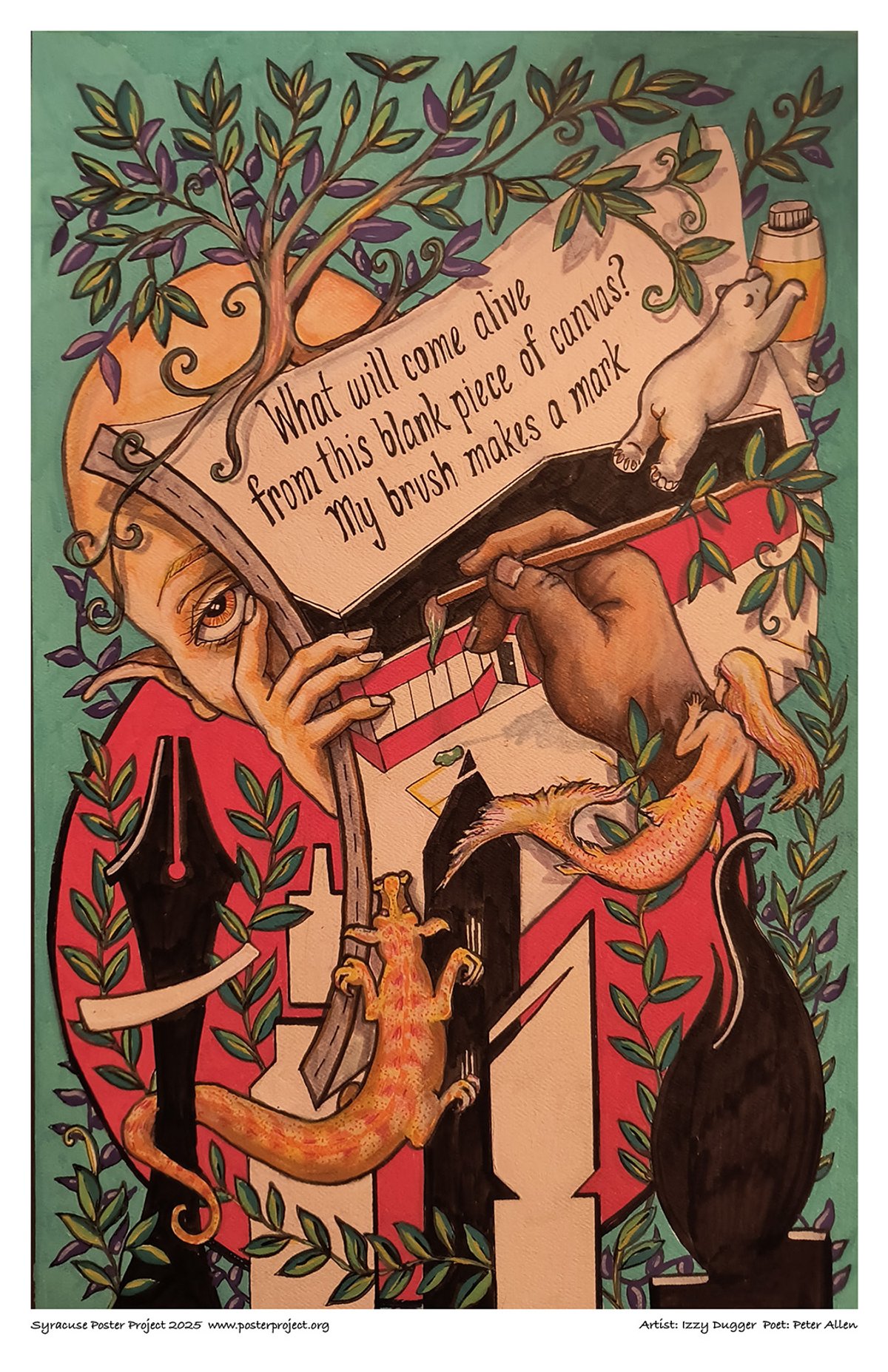 What will come alive
from this blank piece of canvas?
My brush makes a mark A pastiche of symbols representing The Art Store, Commercial Art Supply.