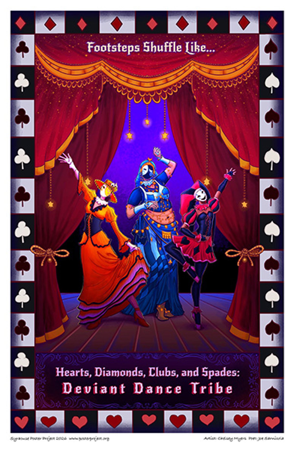 Footsteps shuffle like
hearts, diamonds, clubs, and spades:
Deviant Dance Tribe Illustration of masked dancers on a stage