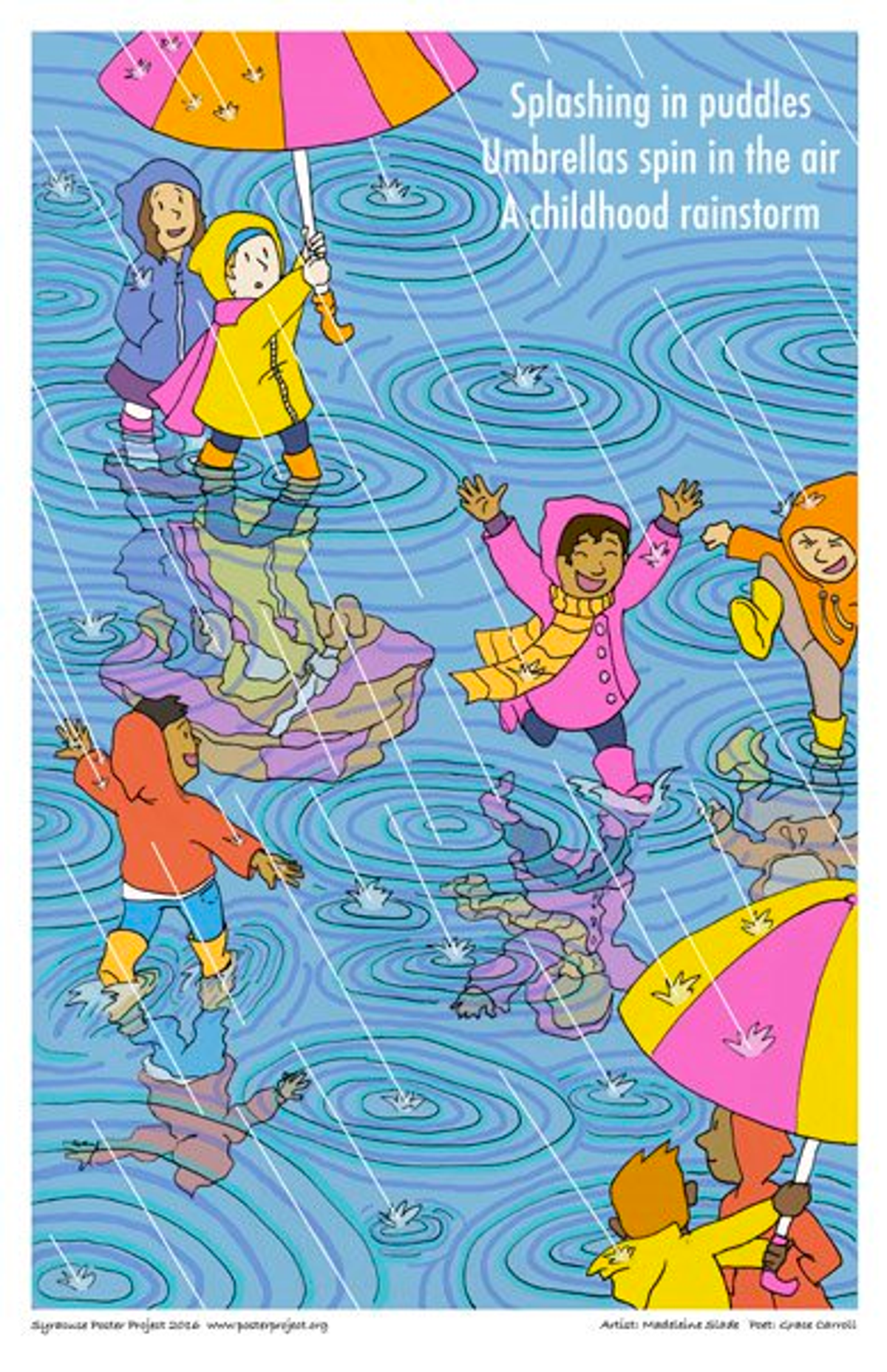 Children in rain boots and coats splash and run in a large puddle 