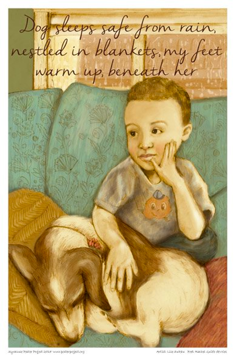A child sits on a couch with a cocker spaniel sleeping in her lap