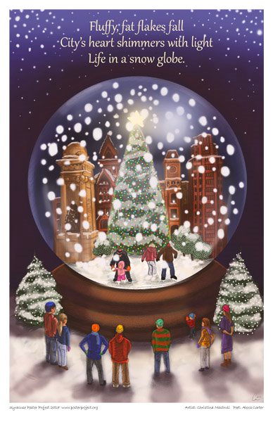 Several onlookers admire a large snow globe with ice skaters and a Christmas tree inside