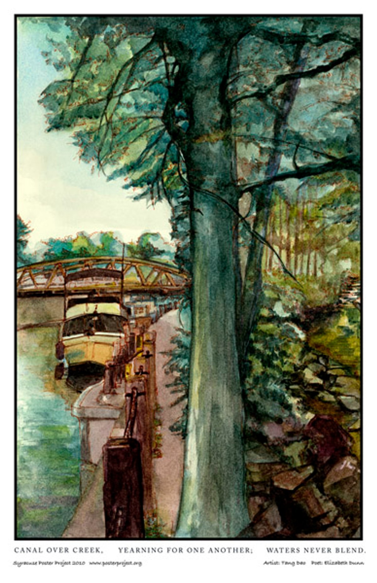 Canal over creek.
Yearning for one another.
Waters never blend. A small boat sits alongside a wooded shore with a viaduct up ahead