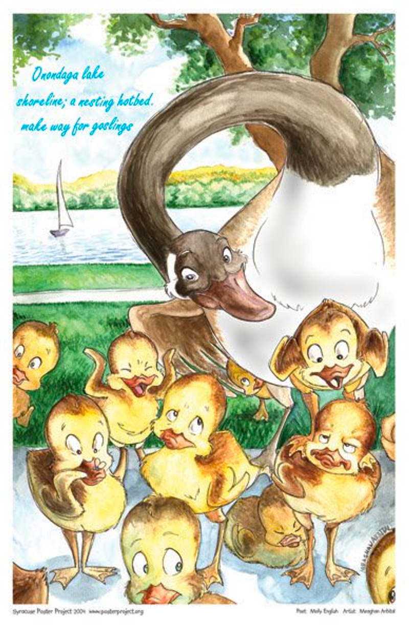 A smiling goose looks over its goslings at a lakeside park