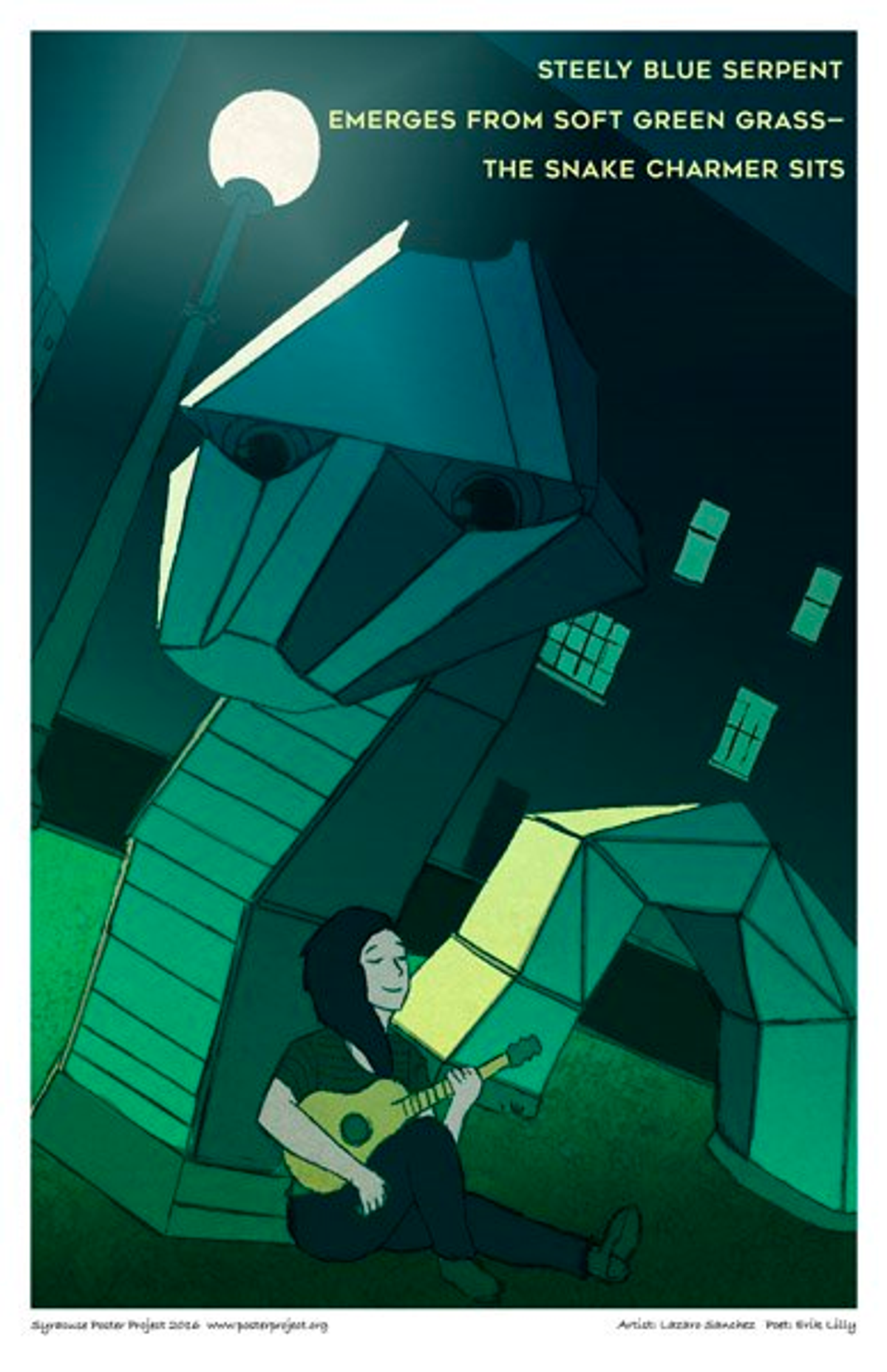 A girl strums a guitar under a streetlamp while sitting against the metallic statue of a snake