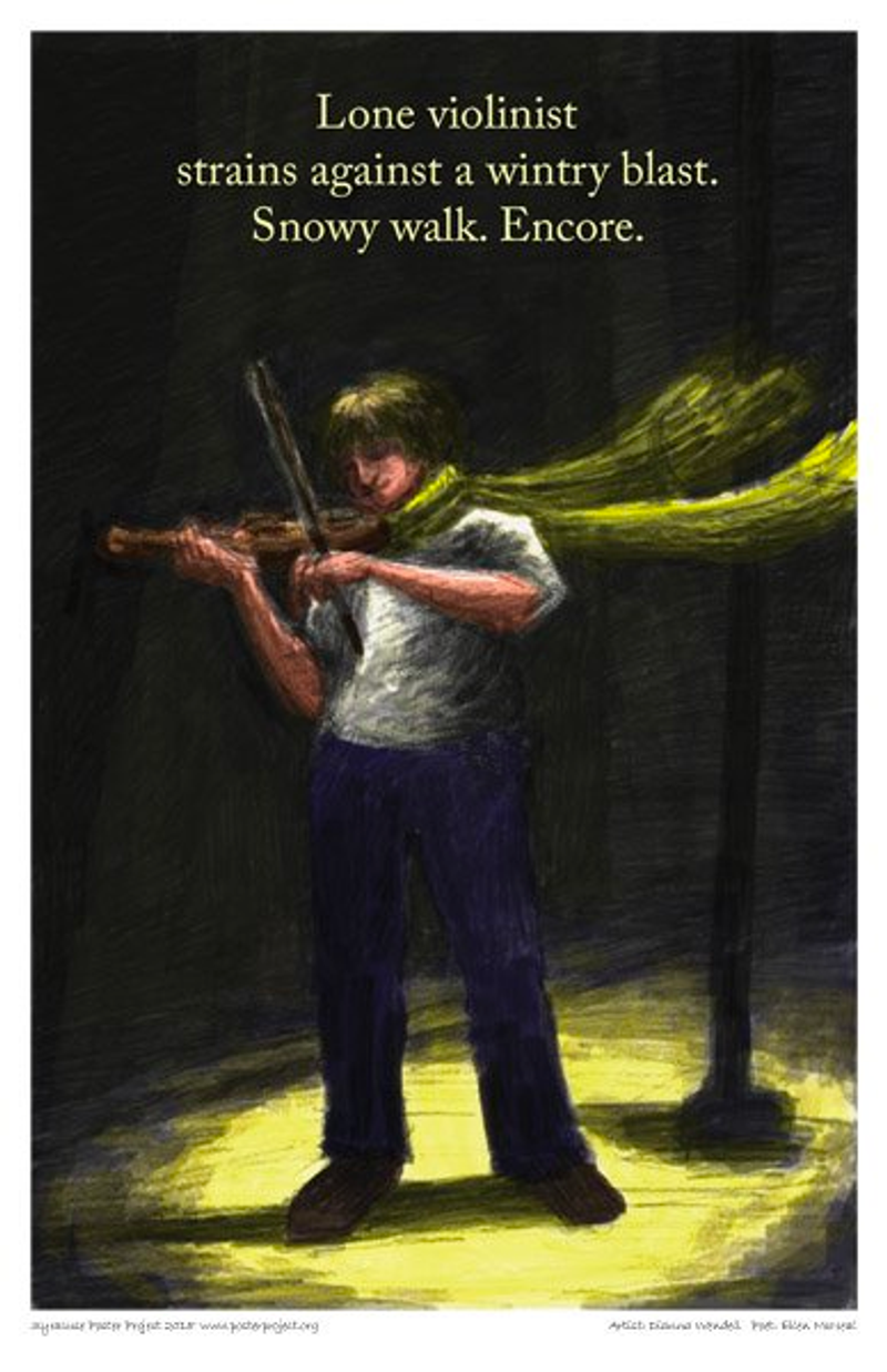 A musician in a scarf plays a violin beneath a streetlight 