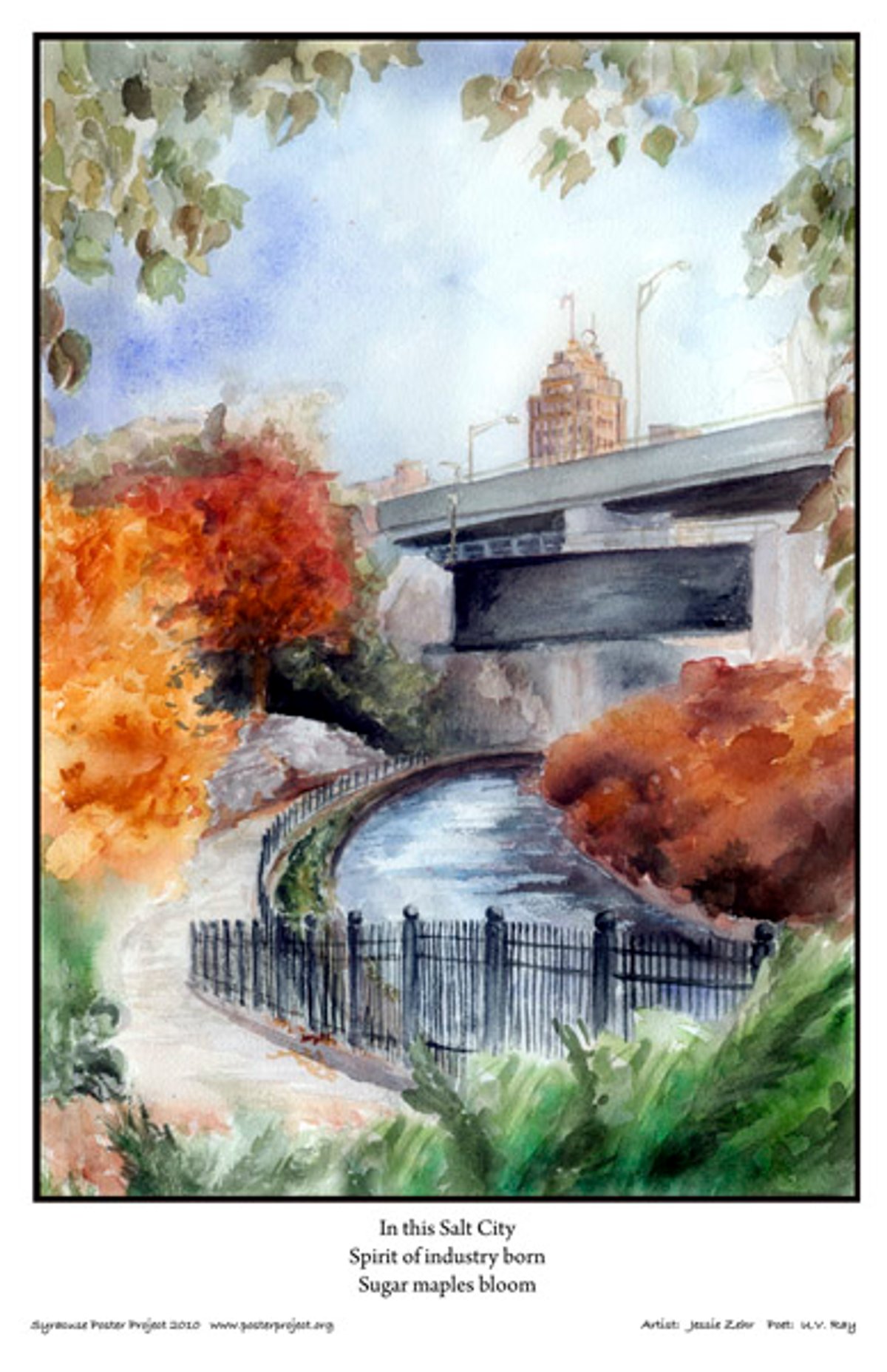 In this Salt City
Spirit of industry born
Sugar maples bloom View of a bending creek-side path with a bridge and cityscape in the distance