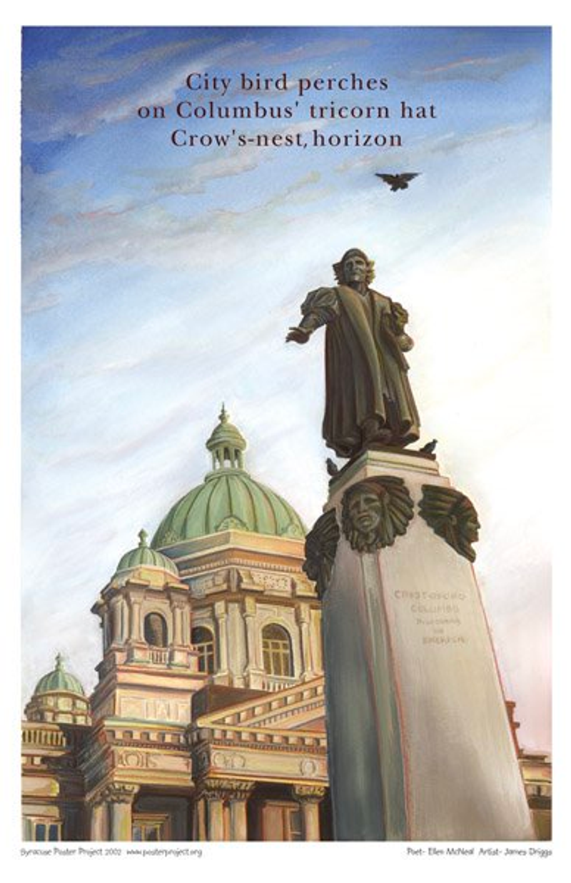 A bird flies toward a city statue to perch atop it