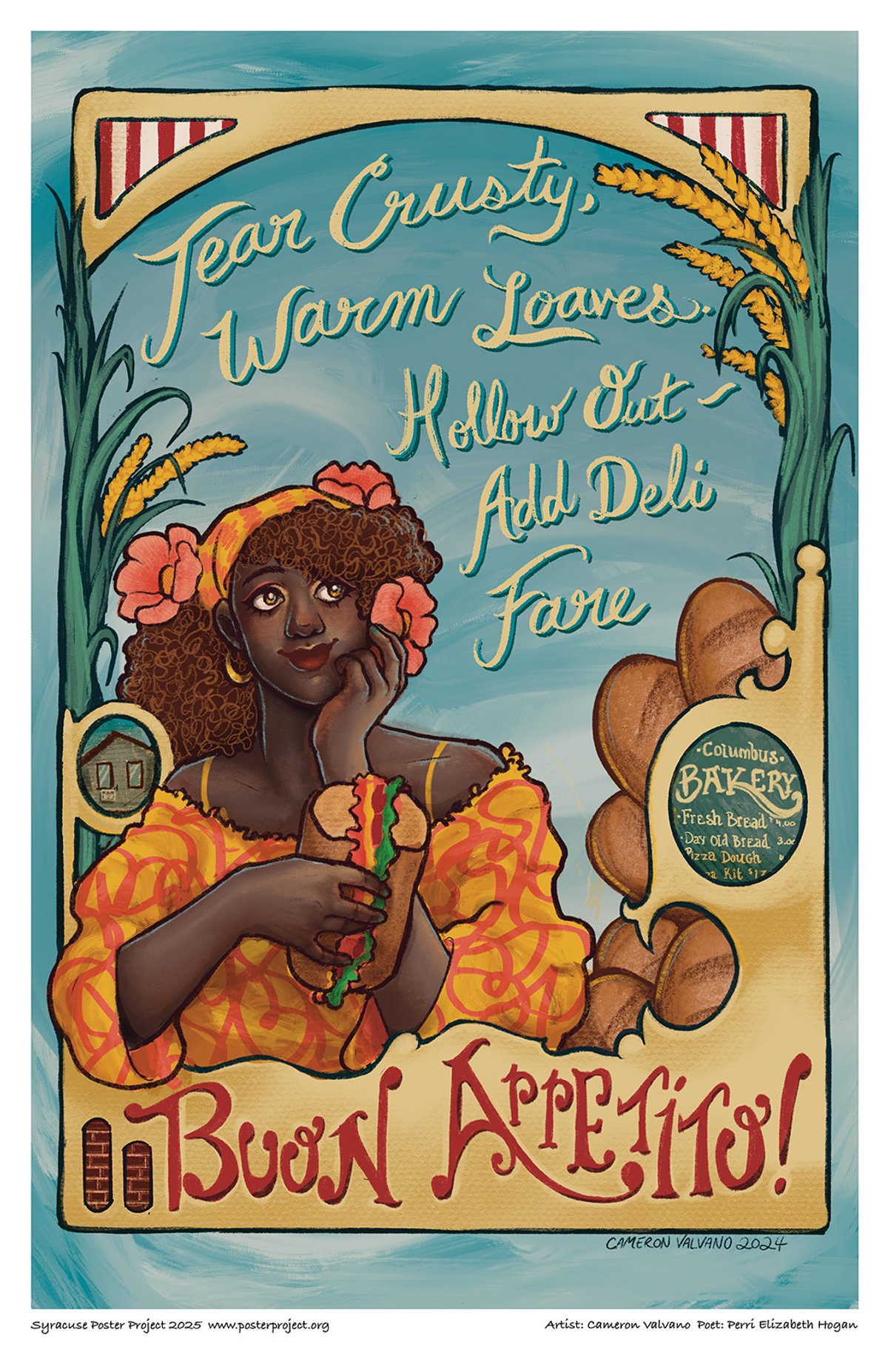 Brown-skinned woman with flowers in her hair holding a sandwich made with Italian bread