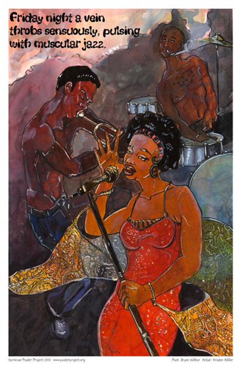 A jazz trio play trumpet, drums and vocals