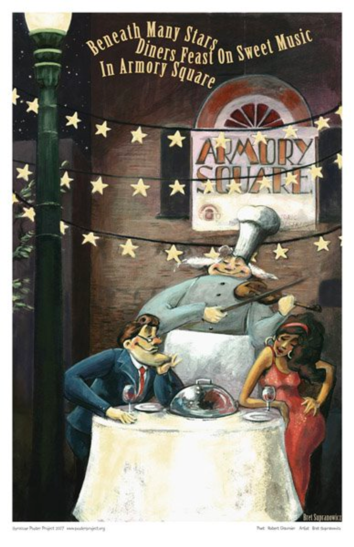 Beneath many stars
diners feast on sweet music
in Armory Square A chef plays violin for a couple having wine at a restaurant table