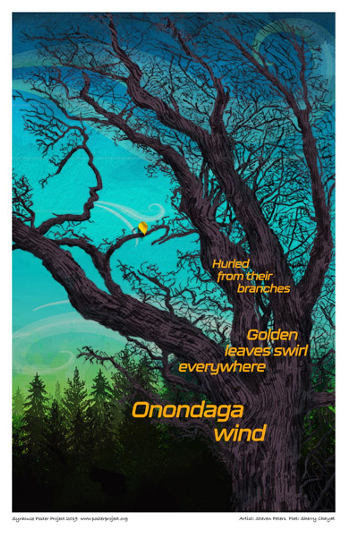 Hurled from their branches
Golden leaves swirl everywhere
Onondaga wind A large maple tree at twilight with one leaf still clinging to a branch