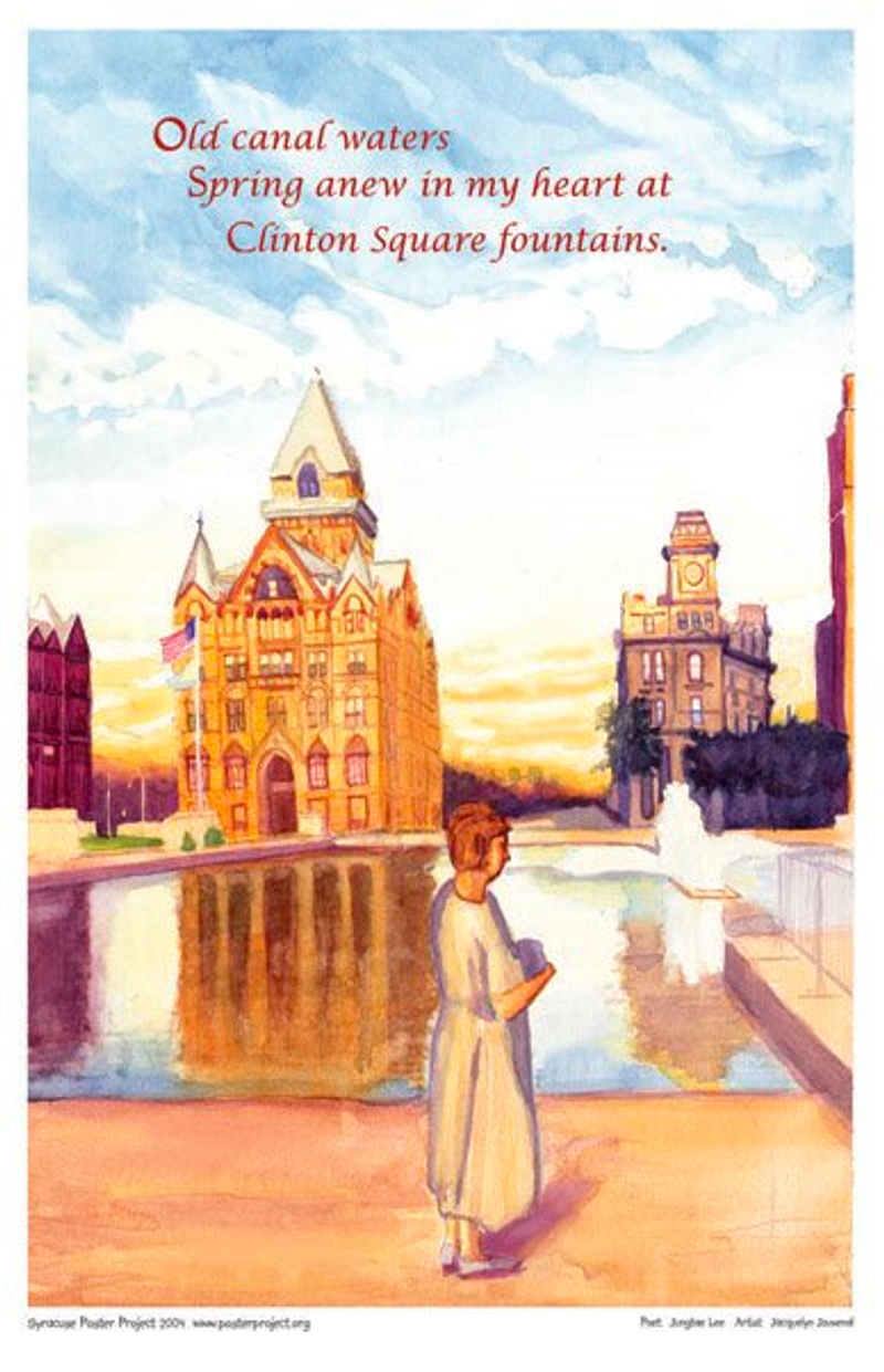 A woman stands contemplatively beside a city fountain pool as the sun begins to set