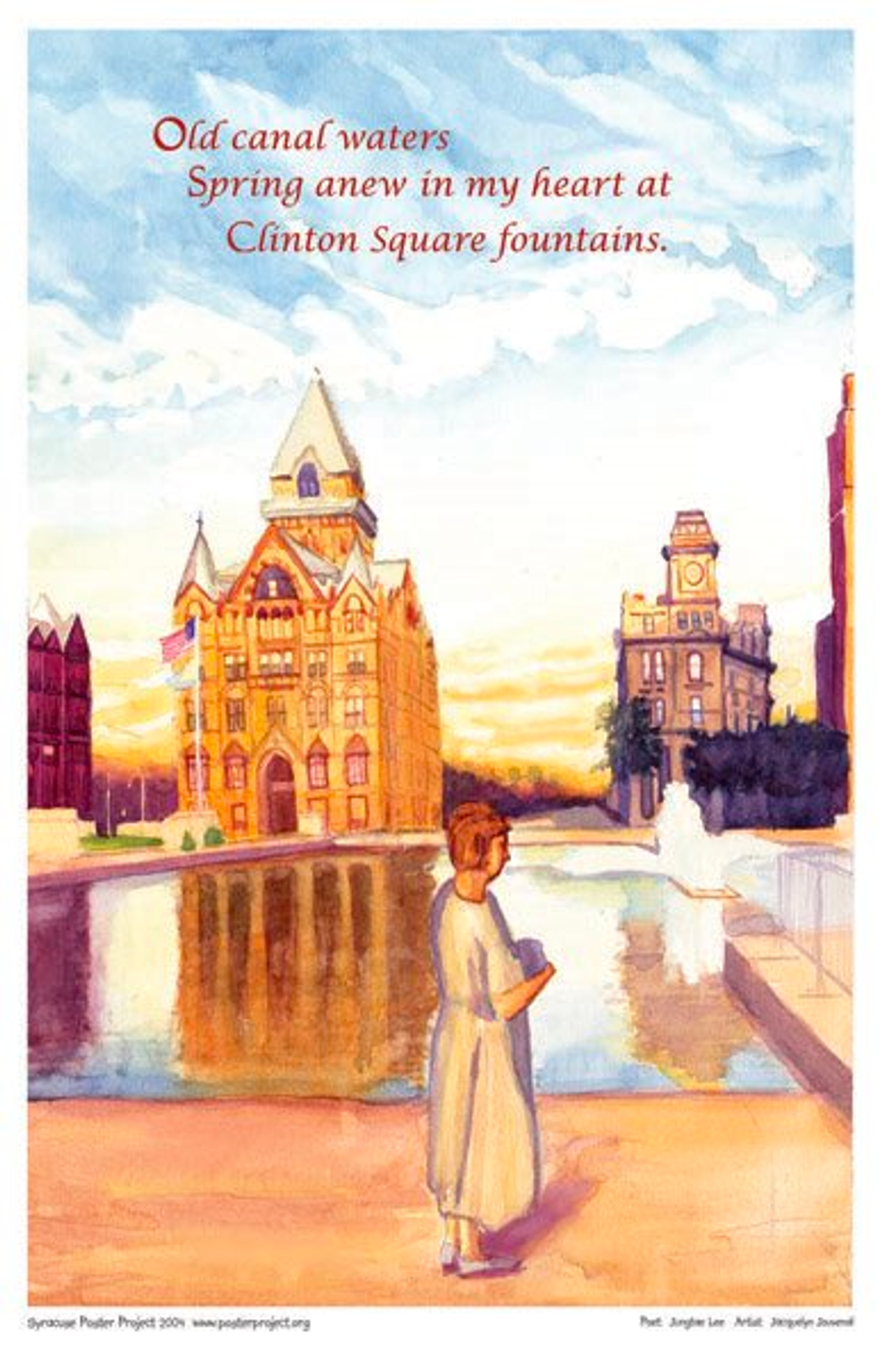 old canal waters
spring anew in my heart at
Clinton Square Fountains A woman stands contemplatively beside a city fountain pool as the sun begins to set