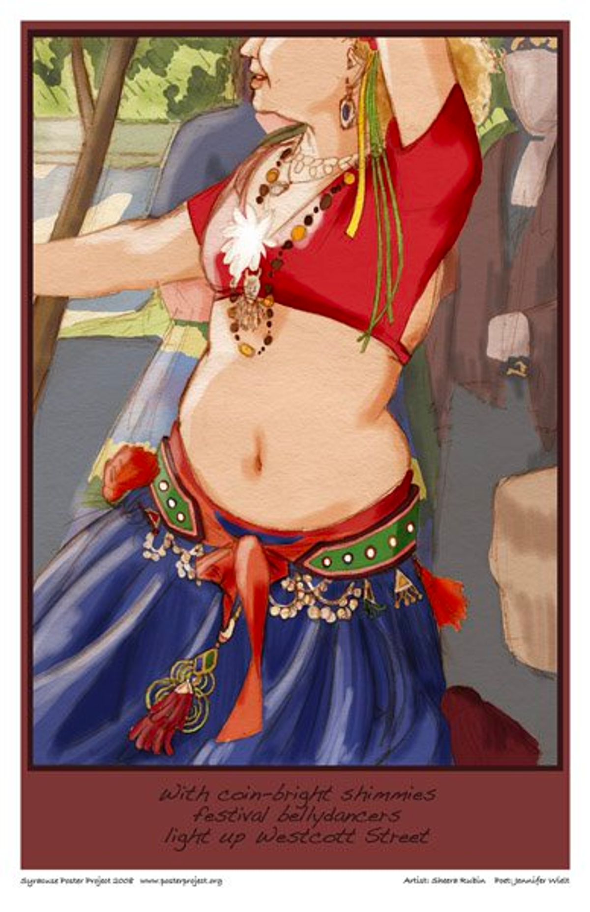 With coin bright shimmies
festival bellydancers
light up Westcott Street A belly dancer performs at a street festival