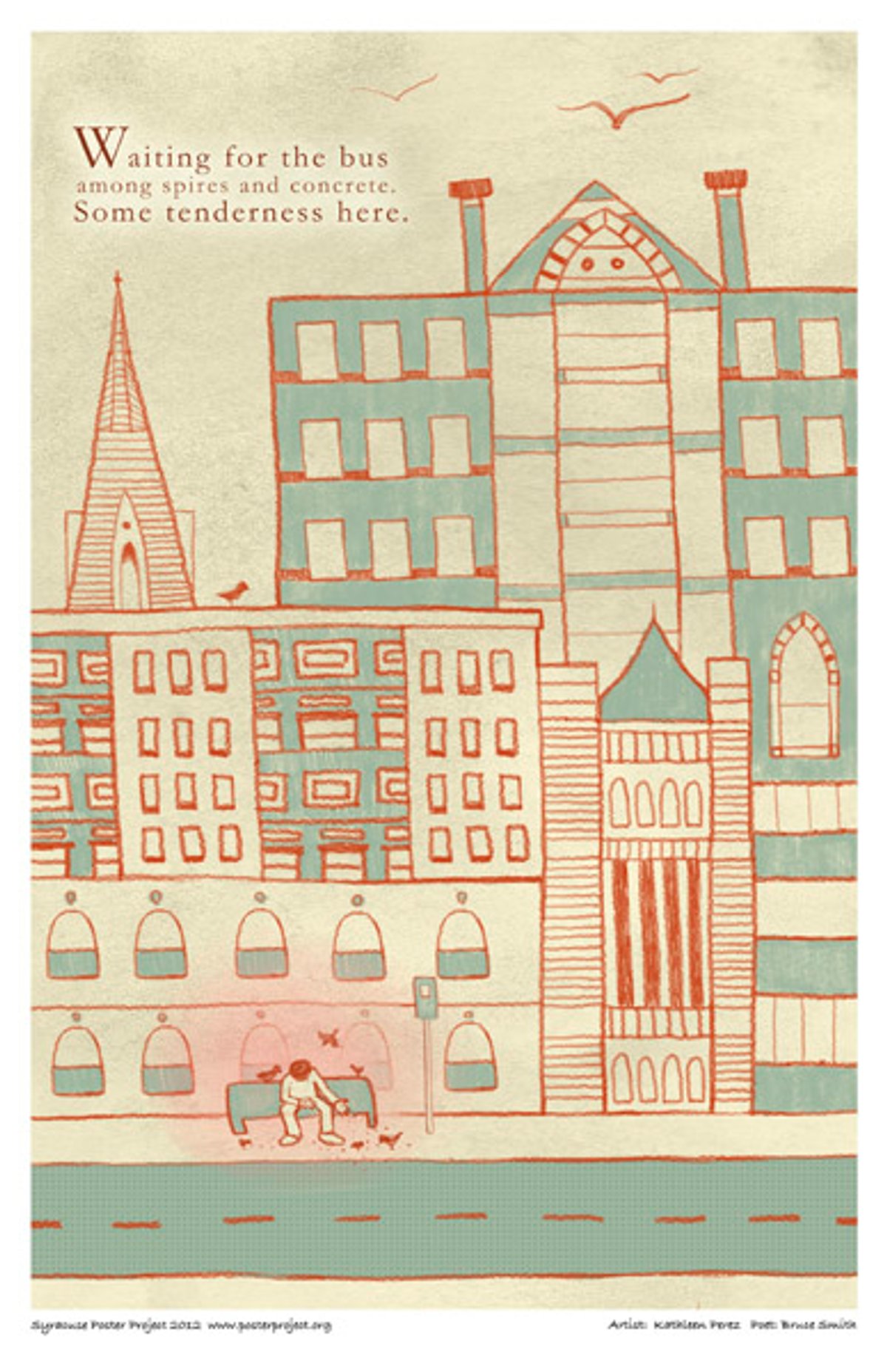 Waiting for the bus
among spires and concrete
Some tenderness here. Someone at a bus stop bench feeds the birds with tall city buildings in the background