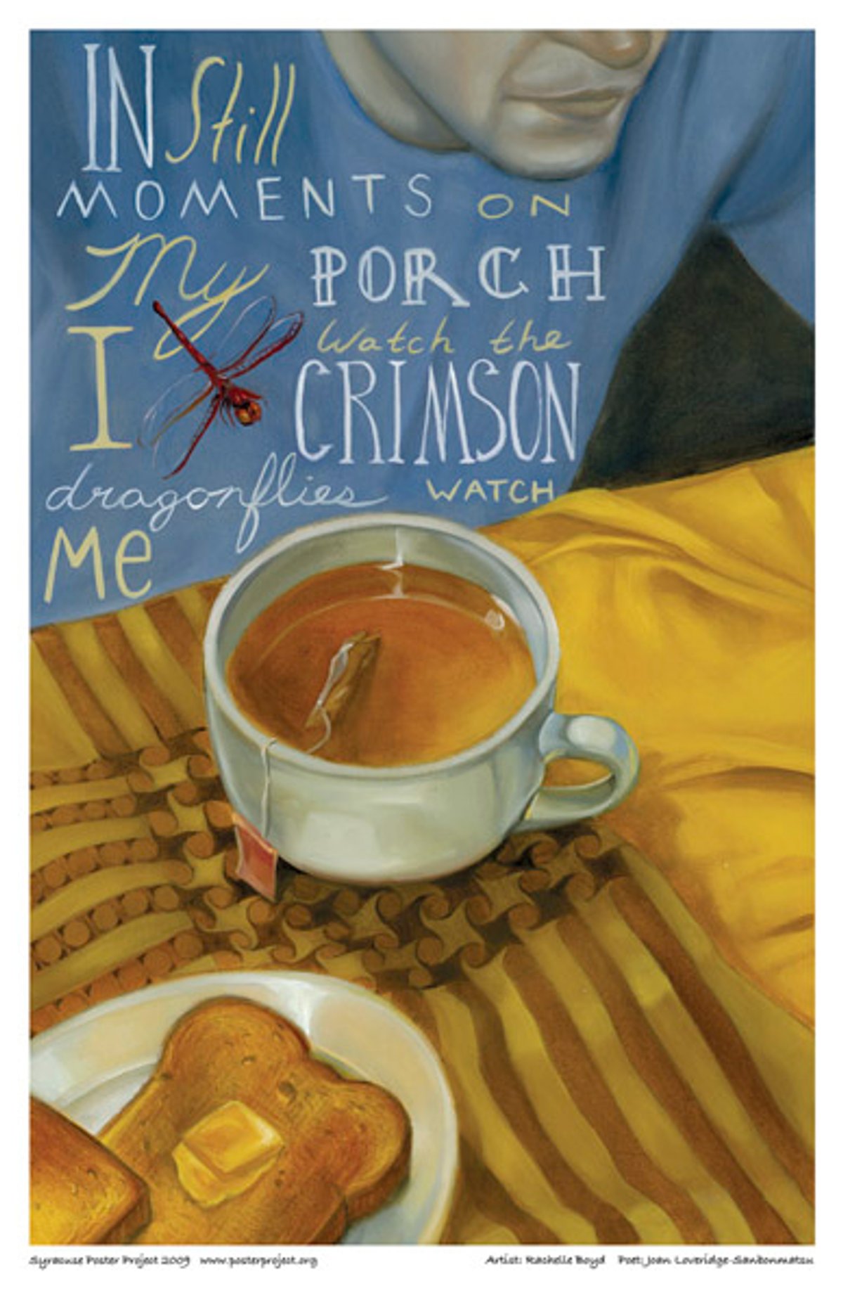 In still moments on
my porch, I watch the crimson
dragonflies watch me A man sits at a table and a dragonfly hovers near his plate of food