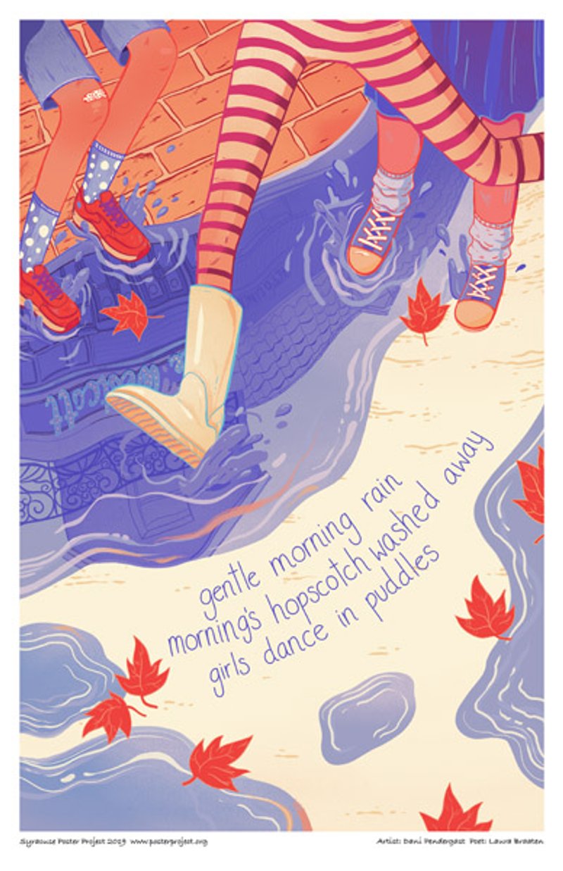 The shoes and boots of girls splashing in puddles with leaves fallen on the surface