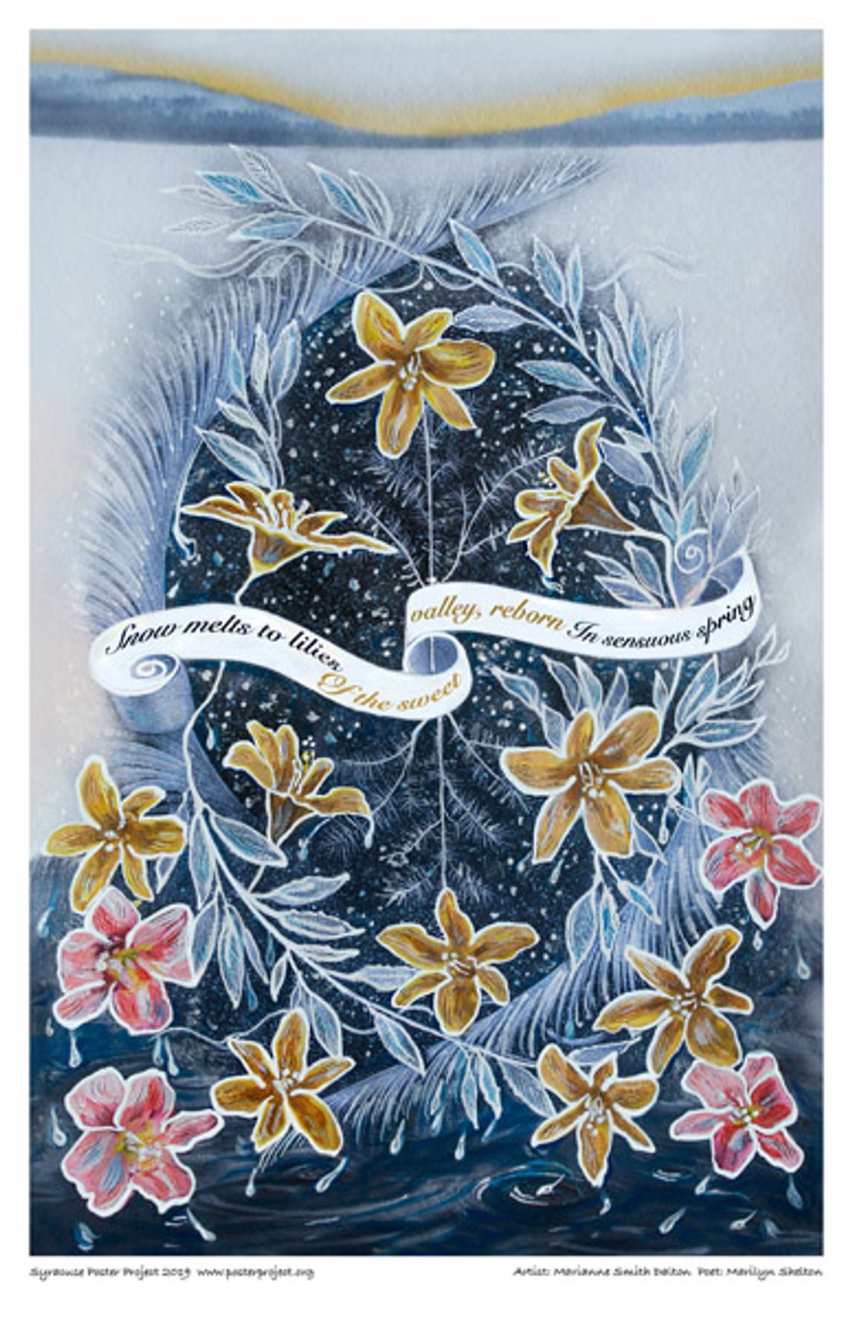 Snow melts to lilies
Of the sweet valley, reborn
In sensuous spring Blooming lilies melt the surrounding snowy landscape