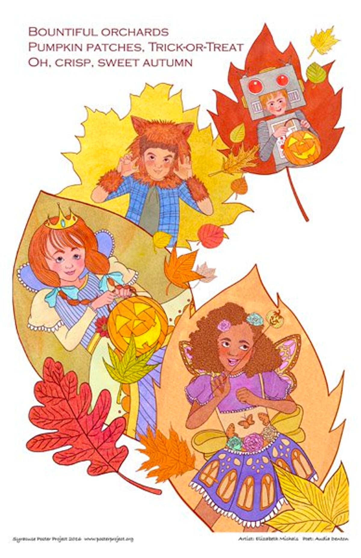Bountiful orchards
Pumpkin patches, Trick—or—Treat
Oh, crisp, sweet autumn Four colorful autumn leaves each with an image of a child dressed in a Halloween costume