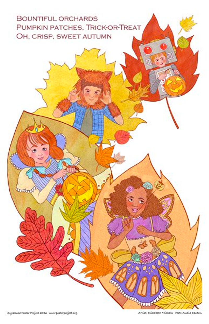 Four colorful autumn leaves each with an image of a child dressed in a Halloween costume