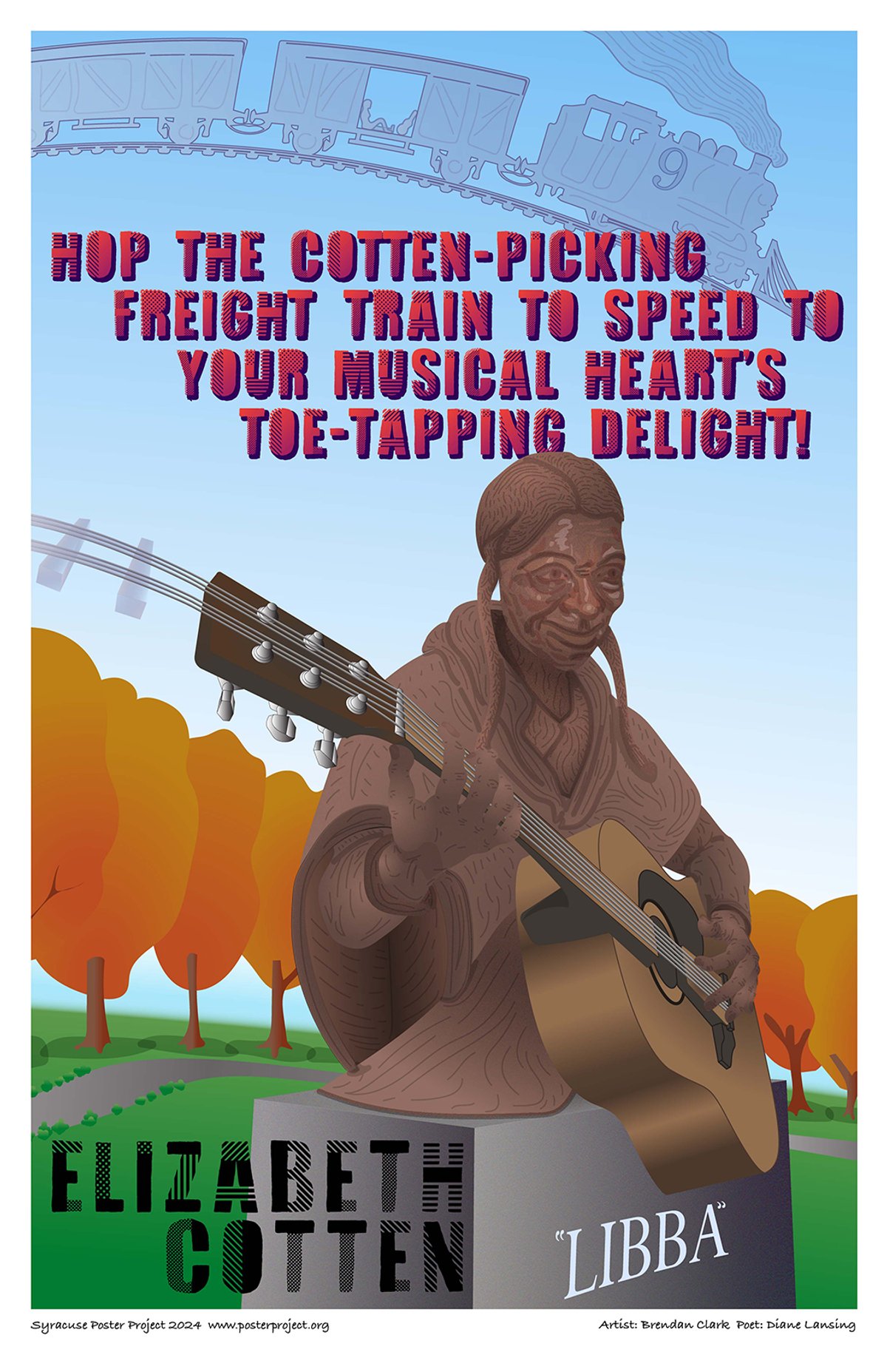 Hop the Cotten-picking
Freight train to speed to
your musical heart's
toe-tapping delight! Illustration of Elizabeth Cotten at Libba Cotten Park, Syracuse