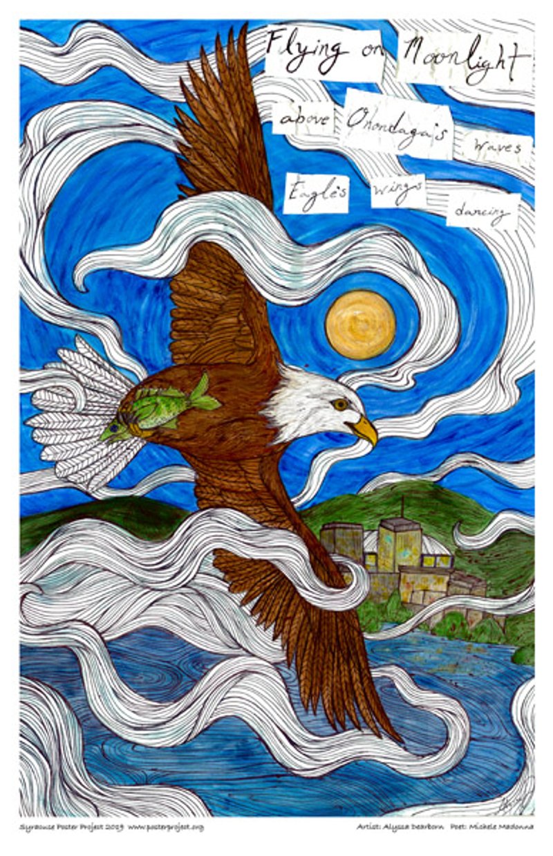 An eagle carrying a fish flies over a moonlit lake