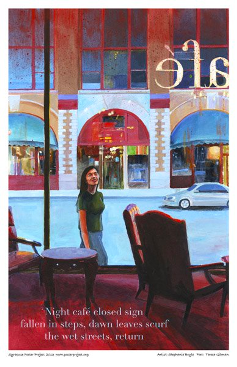 A woman looks into an empty café from the sidewalk outside