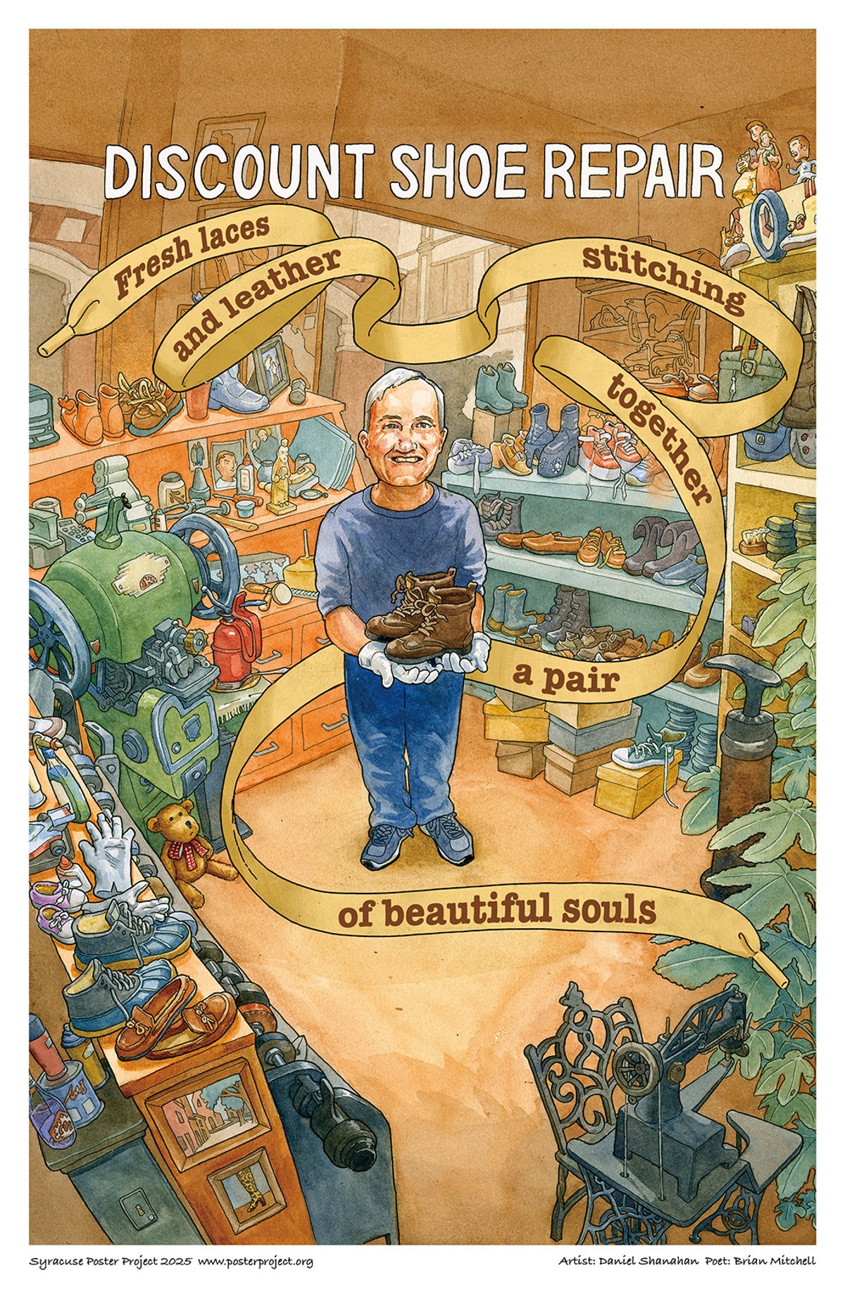 Cobbler Ralph Rotella holding a pair of boots, standing in his shoe repair shop, surrounded by shoes and machinery