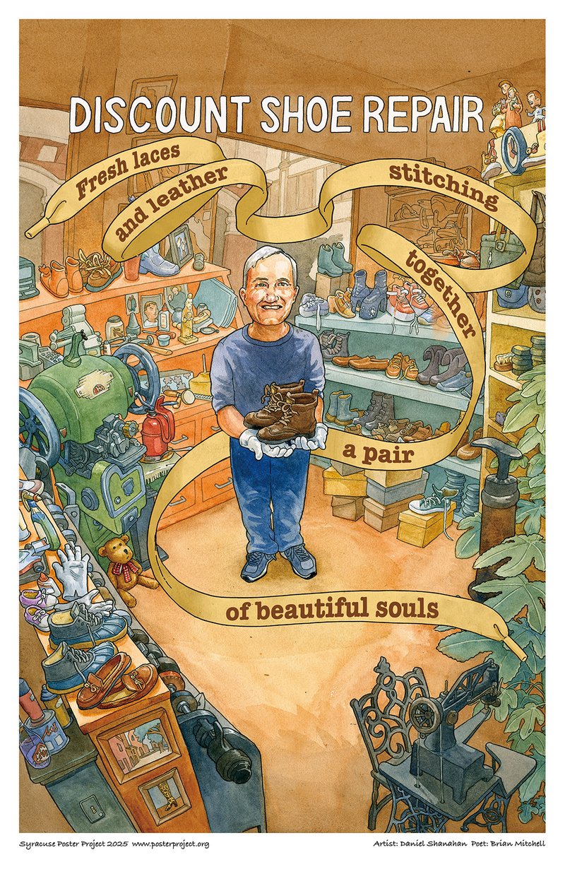 Cobbler Ralph Rotella holding a pair of boots, standing in his shoe repair shop, surrounded by shoes and machinery