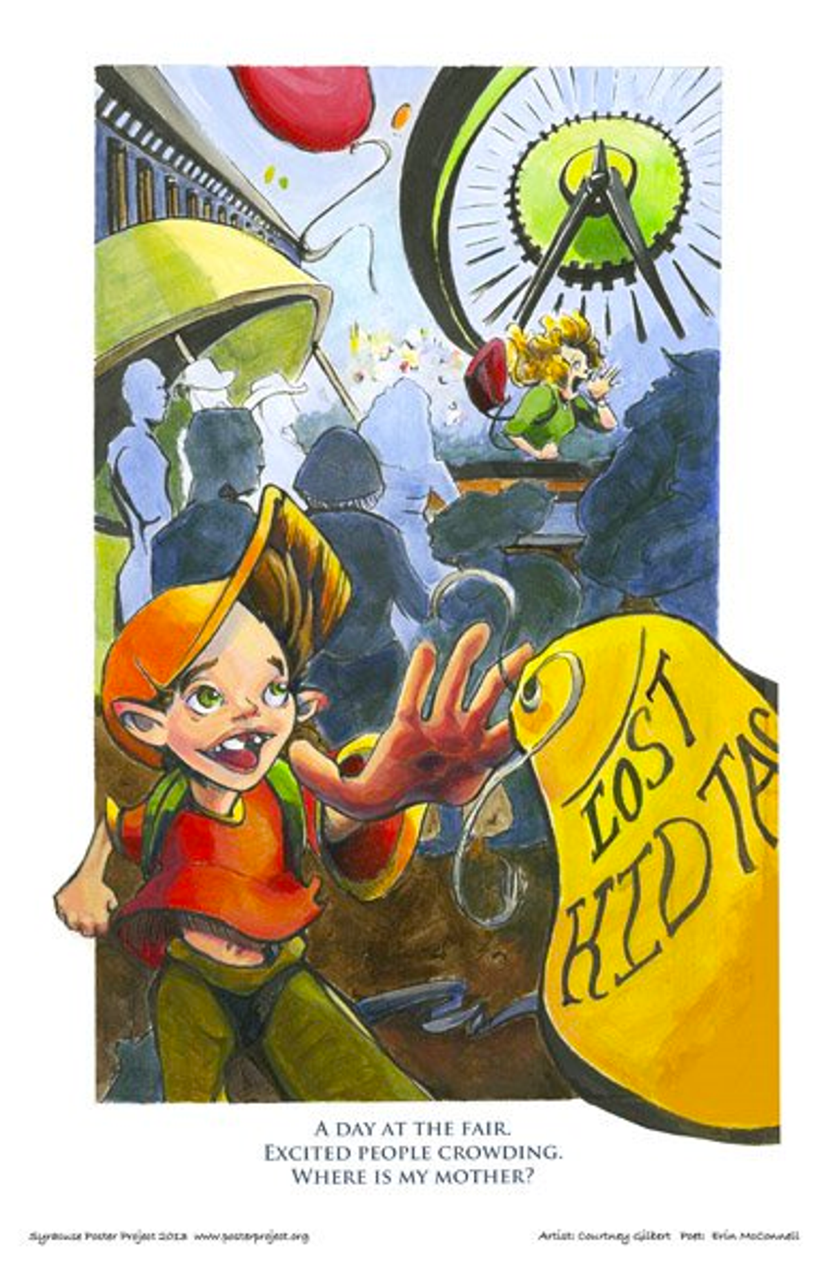 A young boy reaches for a "Lost Kid Tag" at a fair